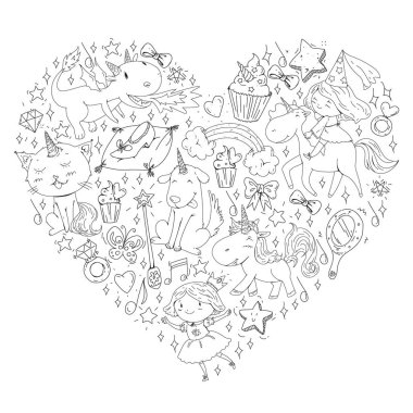 Peri Prenses ve sihirli tek boynuzlu atlar. Vektör desen sihirli kediler, atlar, köpekler.