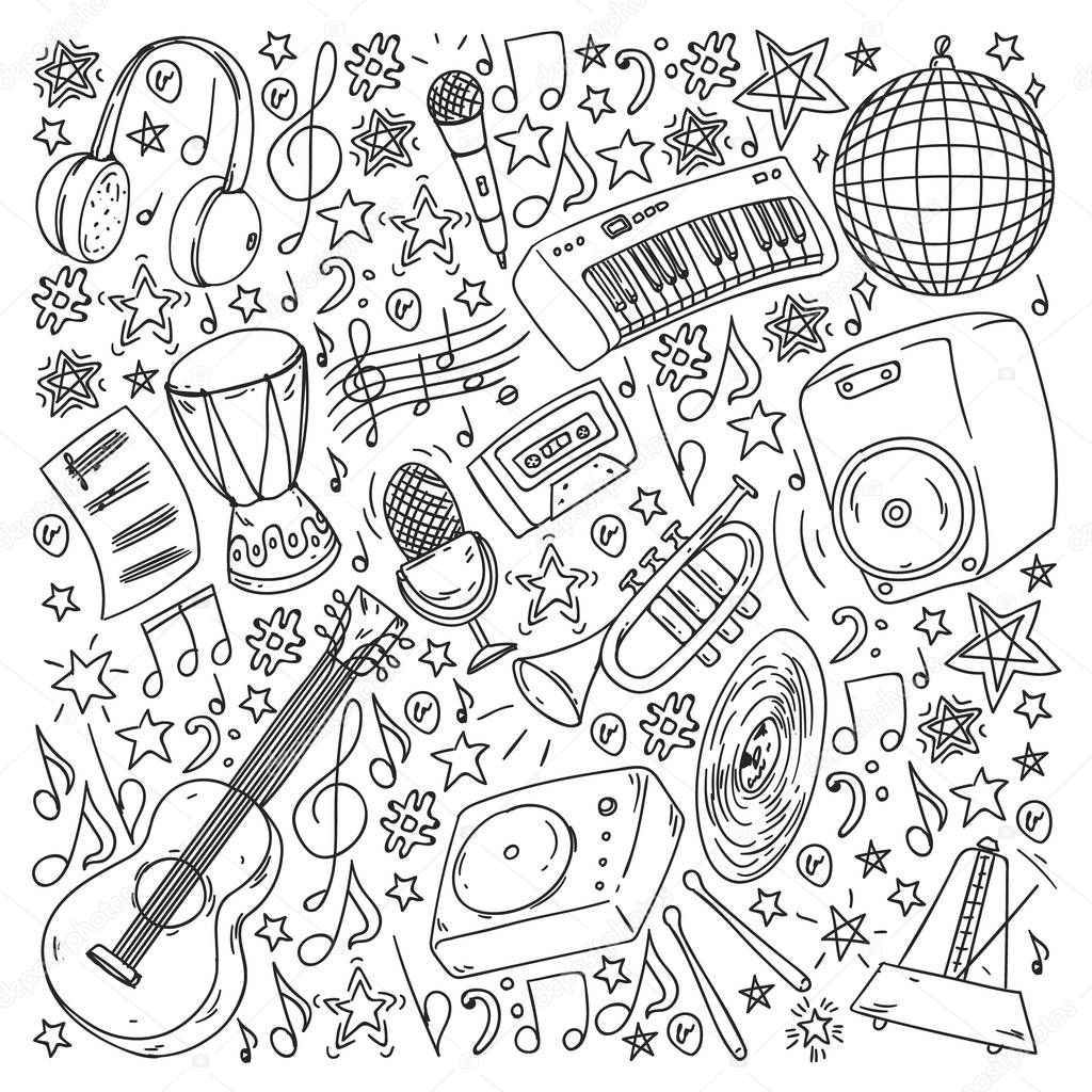 Musical pattern for posters, banners. Music festival, karaoke, disco, rock.