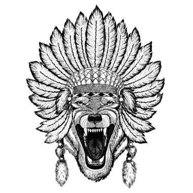 Vahşi hayvan giyen inidan headdress tüyleri ile. Boho chic tarzı Gösterim amacıyla dövme, amblem, rozet, logo, yama. Çocuk giyim.