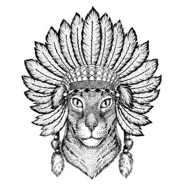 Vahşi hayvan giyen inidan headdress tüyleri ile. Boho chic tarzı Gösterim amacıyla dövme, amblem, rozet, logo, yama. Çocuk giyim.