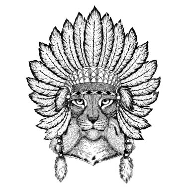 Vahşi hayvan giyen inidan headdress tüyleri ile. Boho chic tarzı Gösterim amacıyla dövme, amblem, rozet, logo, yama. Çocuk giyim.