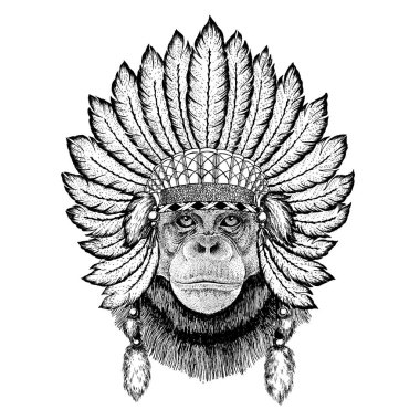 Vahşi hayvan giyen inidan headdress tüyleri ile. Boho chic tarzı Gösterim amacıyla dövme, amblem, rozet, logo, yama. Çocuk giyim.