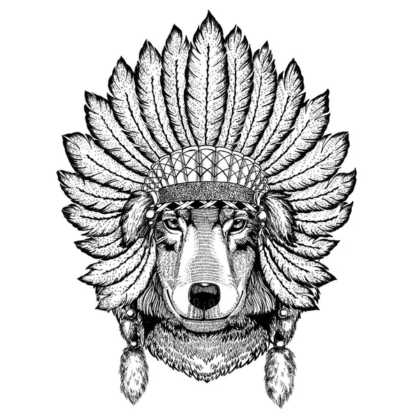 Animal selvagem usando cobertura para a cabeça de inidan com penas. Ilustração de estilo chique Boho para tatuagem, emblema, crachá, logotipo, remendo. Roupas infantis . —  Vetores de Stock