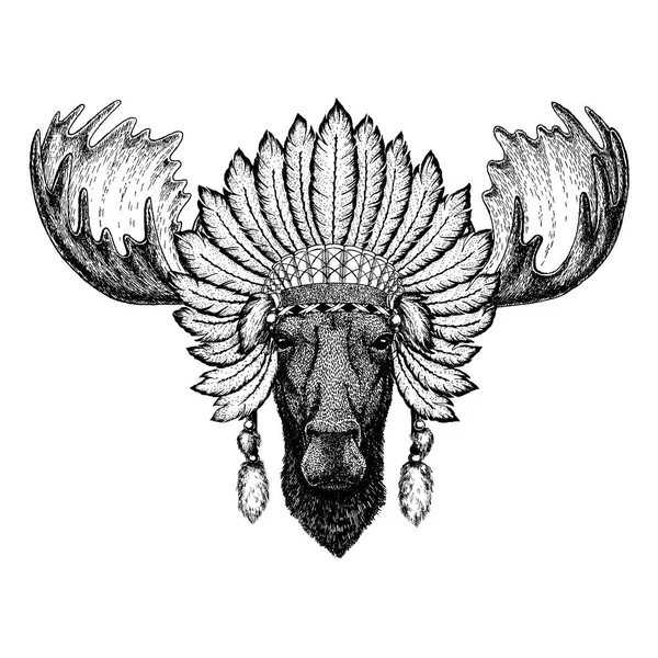 Un animal sauvage portant une coiffe inidan avec des plumes. Illustration de style chic Boho pour tatouage, emblème, badge, logo, patch. Vêtements enfants . — Image vectorielle