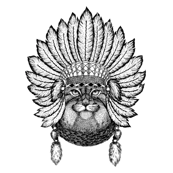 Animal salvaje con tocado inidan con plumas. Ilustración de estilo boho chic para tatuaje, emblema, insignia, logotipo, parche. Ropa de niños . — Vector de stock