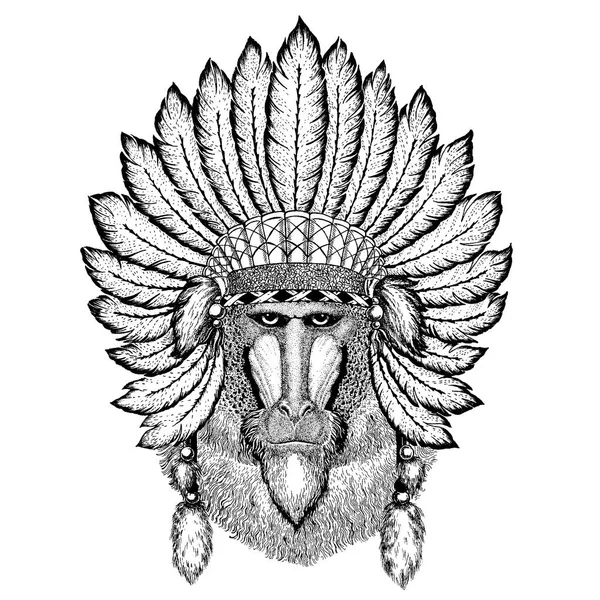 戴着羽毛的伊尼丹头饰的野生动物。博霍别致的风格插图纹身, 徽章, 徽章, 标志, 补丁。童装. — 图库矢量图片