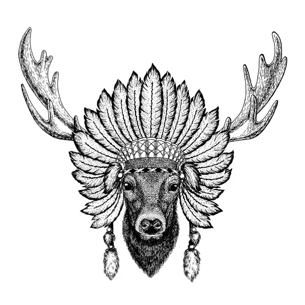 Animal selvagem usando cobertura para a cabeça de inidan com penas. Ilustração de estilo chique Boho para tatuagem, emblema, crachá, logotipo, remendo. Roupas infantis . —  Vetores de Stock