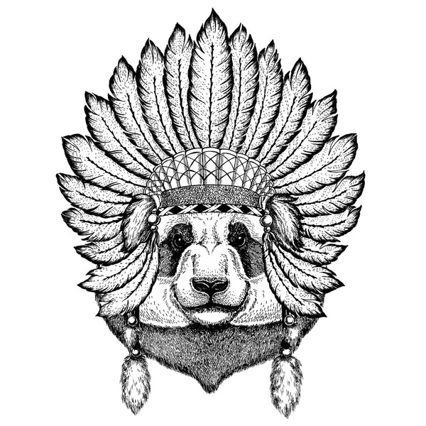 Un animal sauvage portant une coiffe inidan avec des plumes. Illustration de style chic Boho pour tatouage, emblème, badge, logo, patch. Vêtements enfants . — Image vectorielle