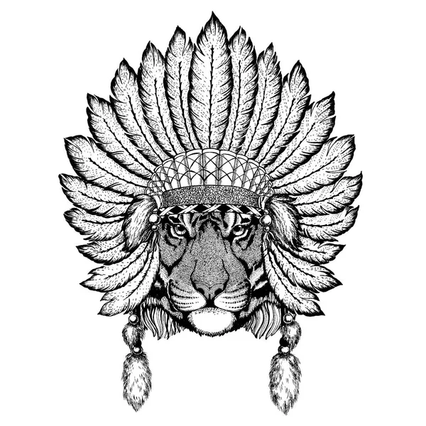 Animal selvagem usando cobertura para a cabeça de inidan com penas. Ilustração de estilo chique Boho para tatuagem, emblema, crachá, logotipo, remendo. Roupas infantis . —  Vetores de Stock