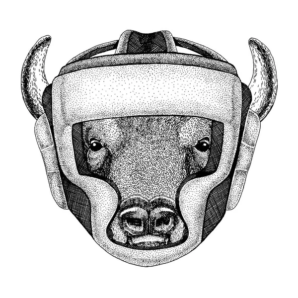 Animal boxeador. Ilustración vectorial para camiseta. Sport, luchador aislado sobre fondo blanco. Aptitud ilustración de búfalo fuerte, bisonte, buey, toro — Archivo Imágenes Vectoriales