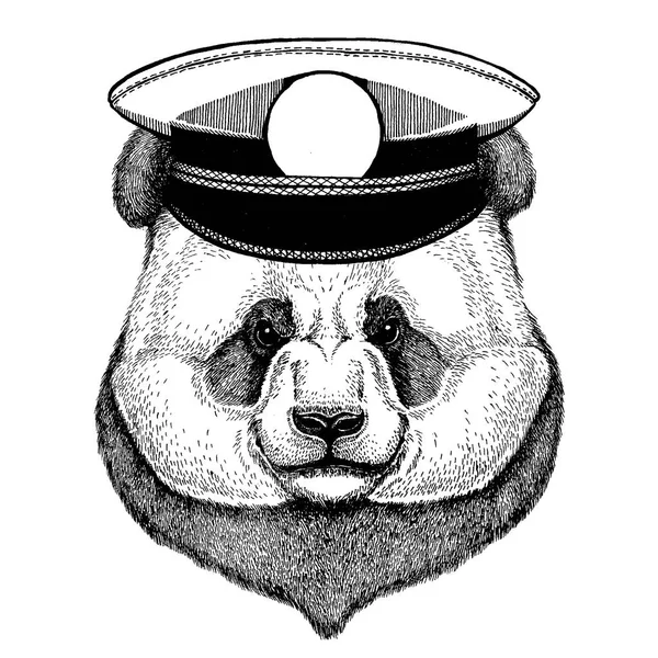 Oso de bambú, panda. Ilustración dibujada a mano para tatuaje, camiseta, emblema, insignia, logotipo, parche — Archivo Imágenes Vectoriales