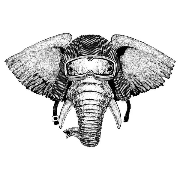 Animal con casco de moto. Imagen para la ropa de los niños del jardín de infantes, niños. Camiseta, tatuaje, emblema, insignia, parche de logotipo — Archivo Imágenes Vectoriales