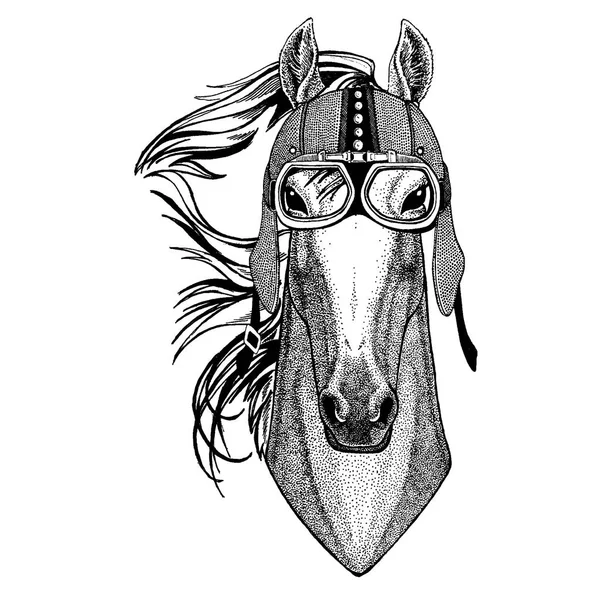 Cavallo, cavallo, cavallo, destriero, corsetto in moto, casco aero. Illustrazione motociclista per t-shirt, manifesti, stampe . — Vettoriale Stock