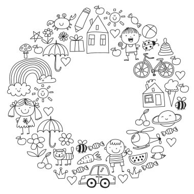 Sevimli çocuk ve oyuncaklar ile anaokulu desen. Stil illüstrasyon çizim çocuklar