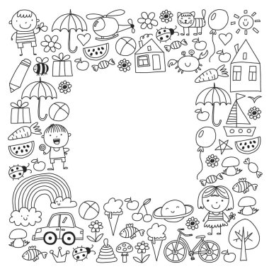 Sevimli çocuk ve oyuncaklar ile anaokulu desen. Stil illüstrasyon çizim çocuklar