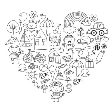 Sevimli çocuk ve oyuncaklar ile anaokulu desen. Stil illüstrasyon çizim çocuklar