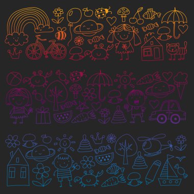 Sevimli çocuk ve oyuncaklar ile anaokulu desen. Stil illüstrasyon çizim çocuklar