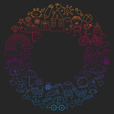 Sevimli çocuk ve oyuncaklar ile anaokulu desen. Stil illüstrasyon çizim çocuklar