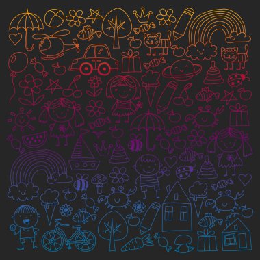 Sevimli çocuk ve oyuncaklar ile anaokulu desen. Stil illüstrasyon çizim çocuklar