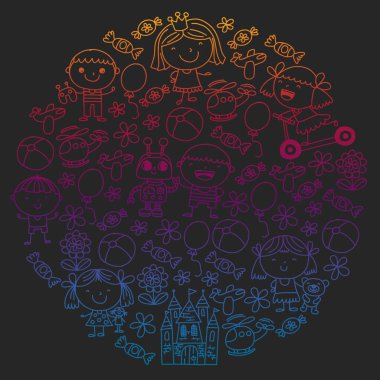 Çocuk oyuncakları ile. Renkli desen anaokulu posterler için.