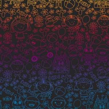 Çocuk oyuncakları ile. Renkli desen anaokulu posterler için.