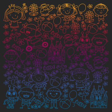 Çocuk oyuncakları ile. Renkli desen anaokulu posterler için.