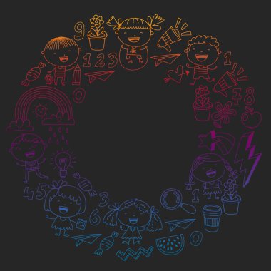 Anaokulu, okul çocukları ile vektör desen. Mutlu çocuk illüstrasyon.