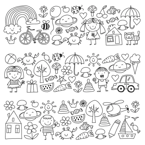 Mateřská škola vzorek s roztomilé děti a hračky. Děti kreslení styl obrázku — Stockový vektor