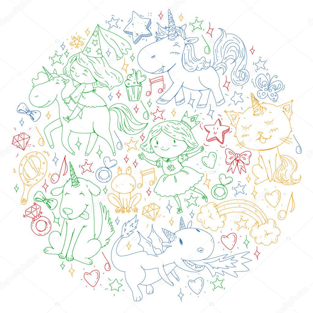 Fairy princess and magical unicorns. Vector pattern with magic cats, horses, dogs.