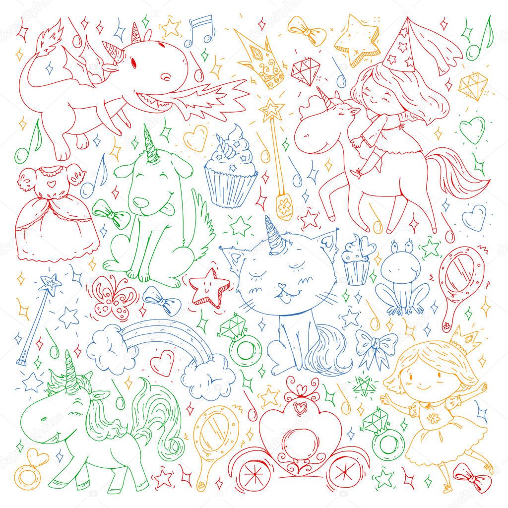 Fairy princess and magical unicorns. Vector pattern with magic cats, horses, dogs.