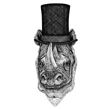 Vahşi hayvan giyen silindir şapka, silindir. Hipster Gergedan, Gergedan