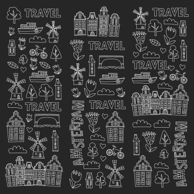 Holland, Hollanda, Amsterdam simgeler vektör desen. Doodle stili.