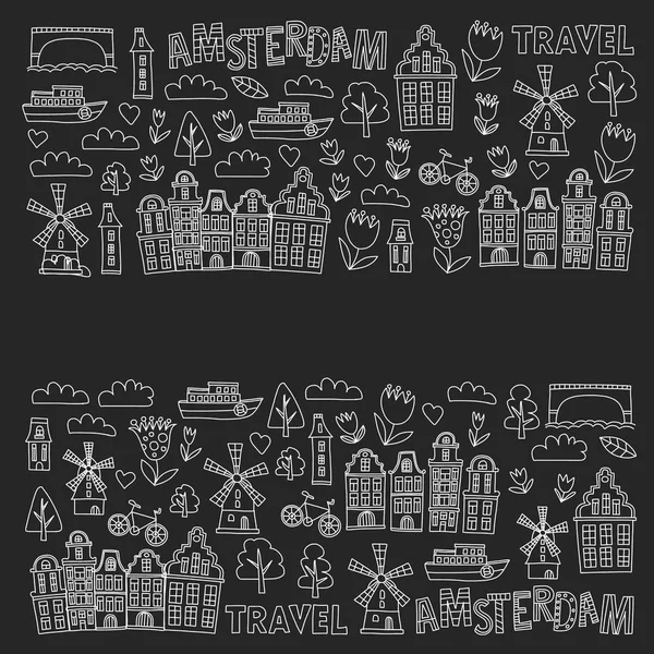 Patrón vectorial con Holanda, Países Bajos, Amsterdam iconos. Estilo Doodle . — Vector de stock