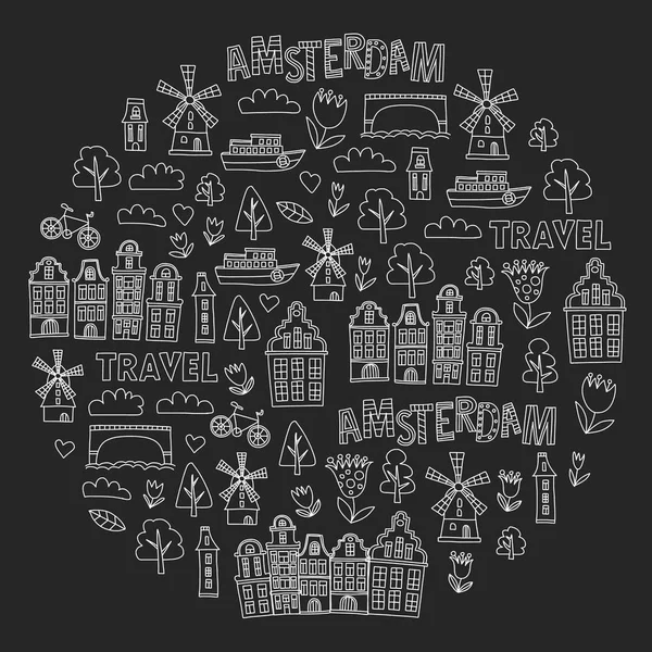 Vektormuster mit holländischen, niederländischen und amsterdam-Symbolen. Doodle-Stil. — Stockvektor