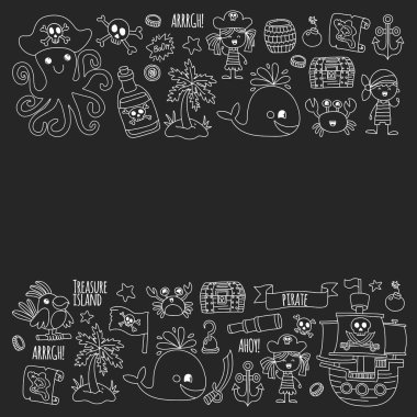 Vektör desen ile korsan kutsal kişilerin resmi. Macera, doğum günü partisi.