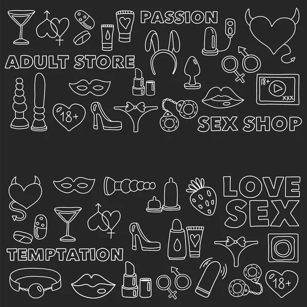 Vector set with sex shop icons. Erotic fetish games background. — Stock Vector