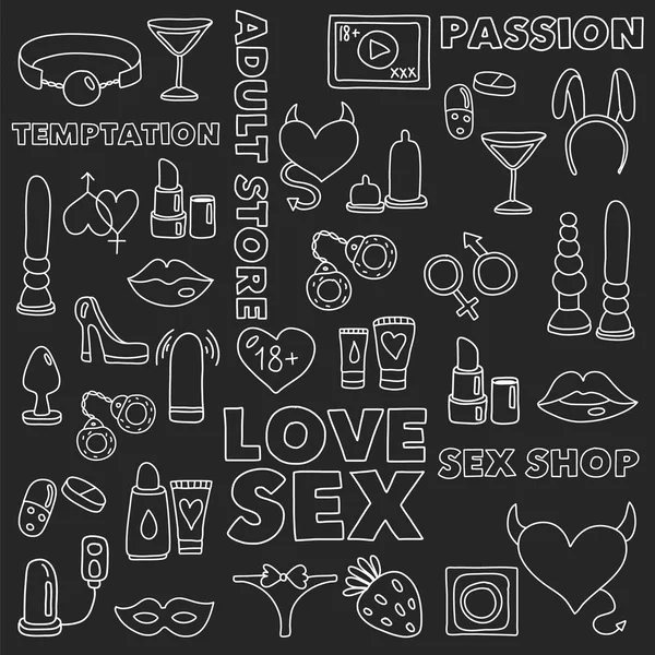 Vector set met seks shop pictogrammen. Erotisch fetish spelletjes achtergrond. — Stockvector