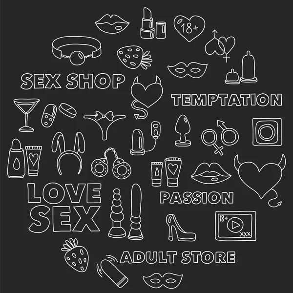 Vector set met seks shop pictogrammen. Erotisch fetish spelletjes achtergrond. — Stockvector