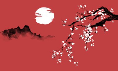 Japonya geleneksel sumi-e boyama. Hint mürekkebi çizimde. Japon resim. Sakura, güneş ve dağ