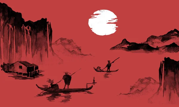 Японская традиционная суми-э живопись. Индийская иллюстрация чернил. Японская фотография. Человек, лодка, горы — стоковое фото
