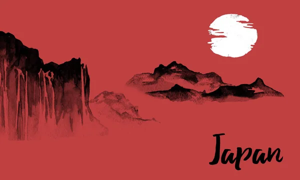 Lukisan tradisional sumi-e Jepang. Ilustrasi tinta India. Bukit dan pegunungan. Gambar Jepang . — Stok Foto
