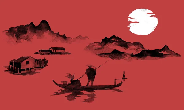 일본 전통 미 그림입니다. 인도 잉크 그림입니다. 남자 그리고 배입니다. 일몰, 황혼입니다. 일본 그림. — 스톡 사진