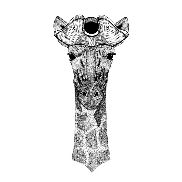 Camélope, girafe portant un chapeau de pirate tricorne. Costume de Capitan . — Image vectorielle