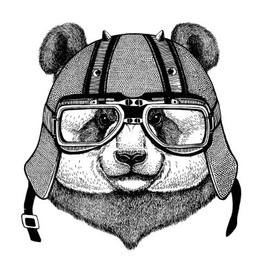 Bambu ayı panda bir motosiklet, aero kask giyiyor. El dövme, t-shirt, amblem, rozet, logo, yama için resim çekilmiş.