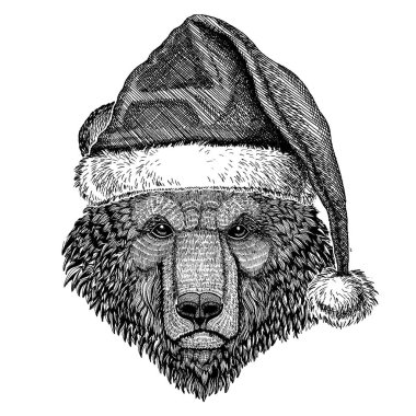 Noel giyen ayı Santa Claus şapka. El dövme, amblem, rozet, logo, yama için resim çekilmiş