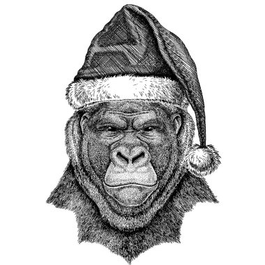 Goril, maymun, maymun Noel giyen Santa Claus şapka. El dövme, amblem, rozet, logo, yama için resim çekilmiş