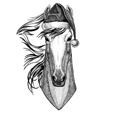 At, hoss, şövalye, at, Noel giyen ADİYAT Santa Claus şapka. El dövme, amblem, rozet, logo, yama için resim çekilmiş