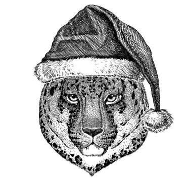 Panter, jaguar, Noel giyen leopar Santa Claus şapka. El dövme, amblem, rozet, logo, yama için resim çekilmiş