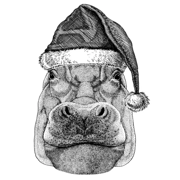Hippo, Hippopotame, monstre, cheval de rivière portant le chapeau de Noël du Père Noël. Image dessinée à la main pour tatouage, emblème, insigne, logo, patch — Image vectorielle