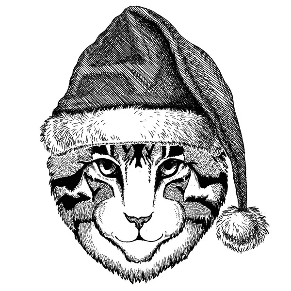 Εικόνα από εγχώριο γάτα φοράει Χριστούγεννα Αϊ Βασίλη καπέλο. Χέρι που εικόνα για τατουάζ, έμβλημα, σήμα, λογότυπο έμπλαστρο — Διανυσματικό Αρχείο